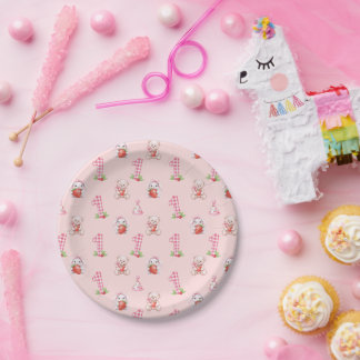 Prato De Papel Bonito Gingham Rosa, Bunnies e Ursos!