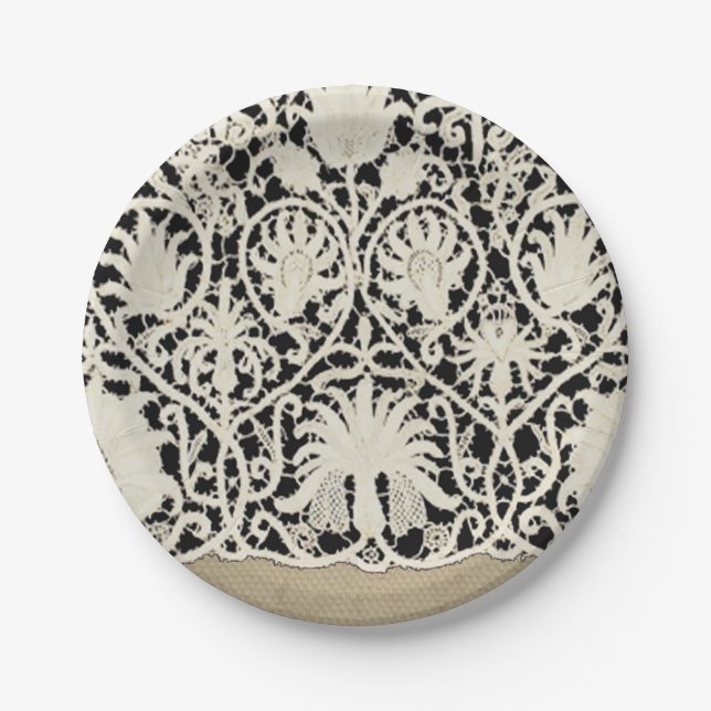 Prato De Papel Bonito Linen White Lace Antique de Casamento  (Frente)