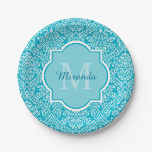 Prato De Papel Bonito Monograma de Cor damasco Turquesa com Nome