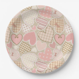 Prato De Papel Bonito "Patchwork Quilt Pattern Pink Hearts Arcos"