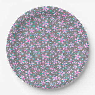 Prato De Papel Bonito Rosa e Cinza Floral