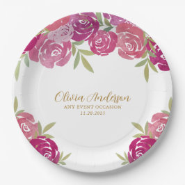 Prato De Papel Bonito Rosa Floral e Rosas de Aquarela Puros