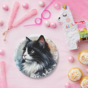Prato De Papel Bonito Tuxedo Cat Watercolor Art