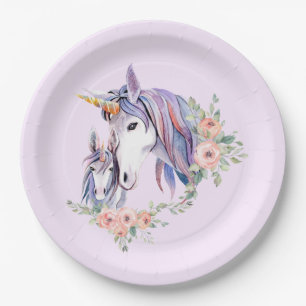 Prato De Papel Bonito Unicorn Mãe e Bebê Aquarela Floral