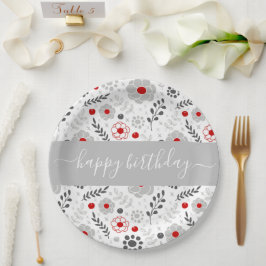 Prato De Papel Bonito Vermelho Moderno e Flores de Cinza Aniversá