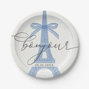 Prato De Papel Bonjour Bébé Blue Paris Eiffel Chá de fraldas