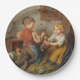 Prato De Papel Bons Amigos (Jovens Brincando Com Coelho De Pet)