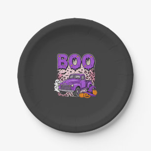 Prato De Papel Boo Halloween Caminhão Roxo Fantasma e Abóboras De