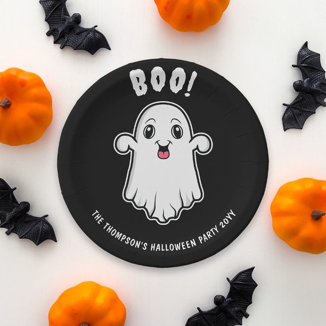 Prato De Papel Boo Halloween Fantasma Texto Personalizado Preto E (Spooky ghost design for a Halloween party. Personalize with your custom text!)