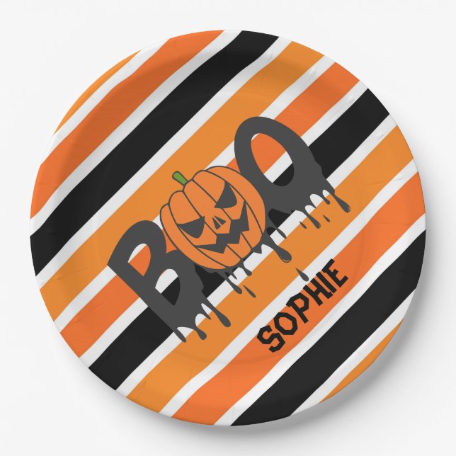 Prato De Papel Boo Halloween Laranja & Black Stripes (Frente)