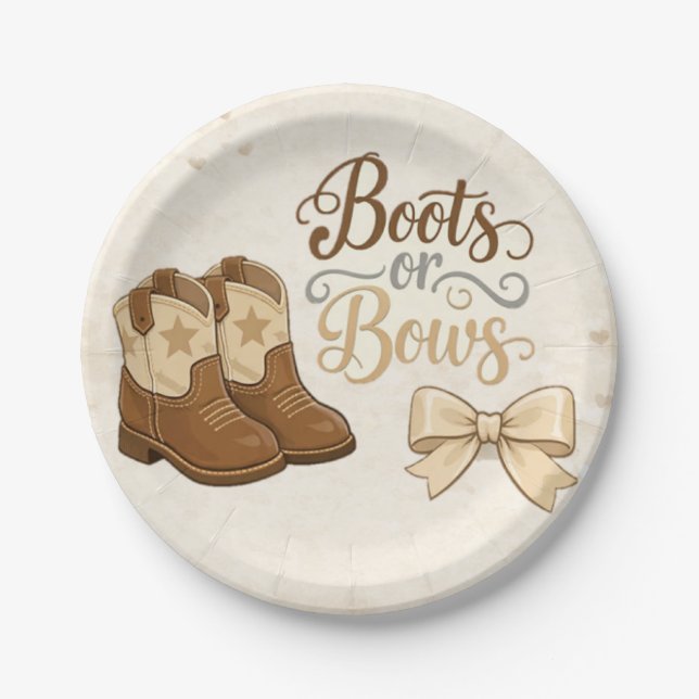 Prato De Papel Boots and Bows Gender Reveal Paper Plate (Frente)