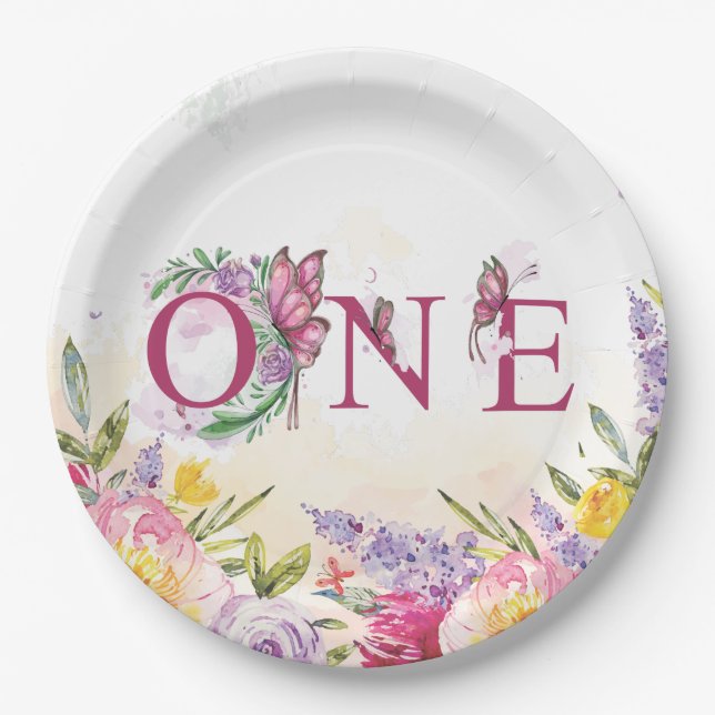 Prato De Papel Borboleta Aquarela Floral Primeiro Aniversário (Frente)