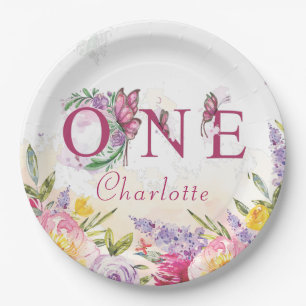 Prato De Papel Borboleta Aquarela Floral Primeiro Aniversário
