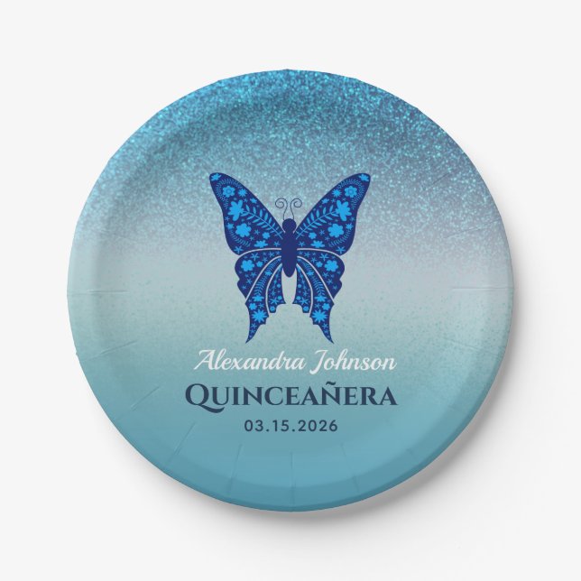 Prato De Papel Borboleta Azul Quinceañera (Frente)