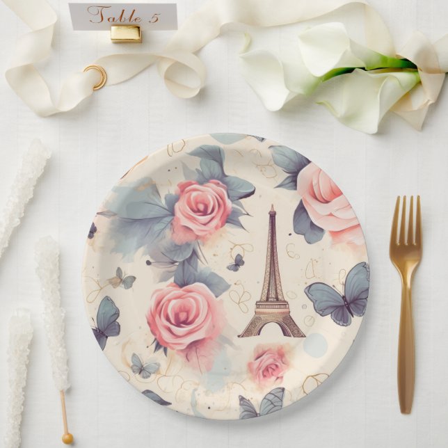 Prato De Papel Borboleta e padrão de Rosas da Torre Eiffel (Casamento)