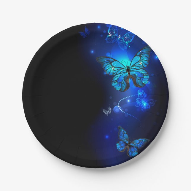 Prato De Papel Borboleta Morpho no Fundo Escuro (Frente)