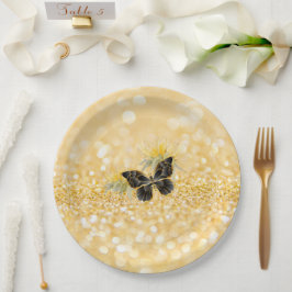 Prato De Papel Borboleta Preta de Girassol Elegante Dourada