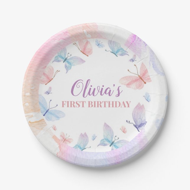 Prato De Papel Borboleta Primeiro Aniversário Placas de Papel par (Frente)