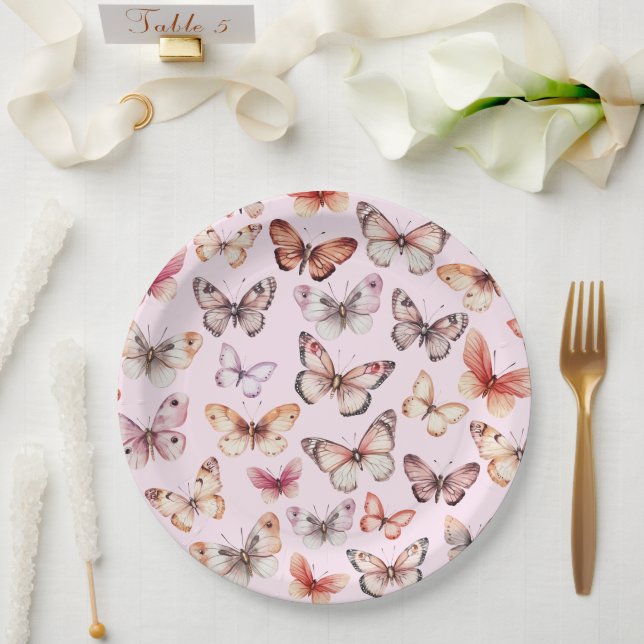 Prato De Papel Borboletas Aquarela Chá de fraldas Branca (Casamento)