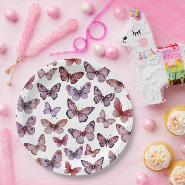 Prato De Papel Borboletas Aquarela Chá de fraldas Branca (Festa)