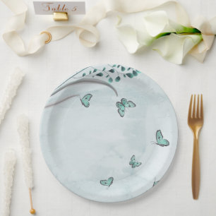 Prato De Papel borboletas azul turquesa folhas floral