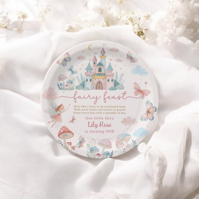 Prato De Papel Borboletas Brancas Rosa de Primeiro Aniversário (Fairy First Birthday Pink Whimsical butterflies Paper Plates)