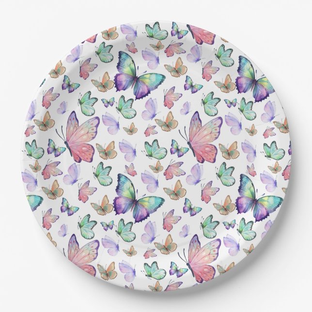 Prato De Papel Borboletas de Aquarela Padrão Invisível (Frente)