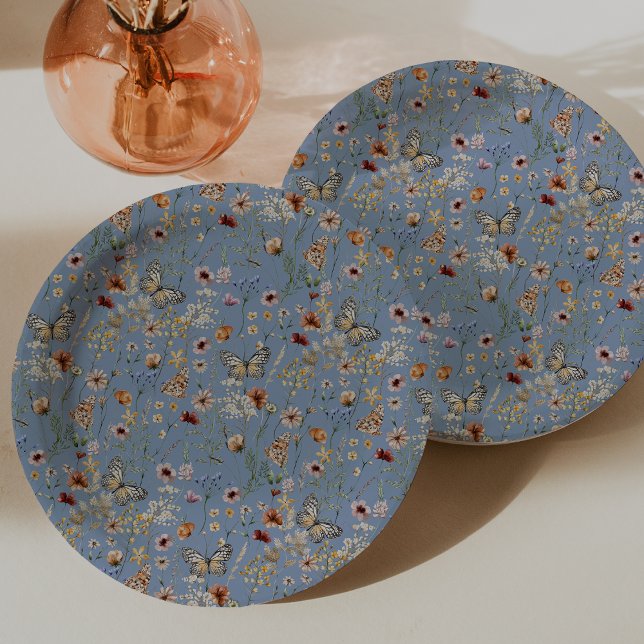 Prato De Papel Borboletas de Boho Azul (Dusty Blue Boho Floral Butterflies Paper Plates by Painted Paperie
)