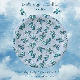 Prato De Papel Borboletas de Insetos de rabisco - padrão azul - s