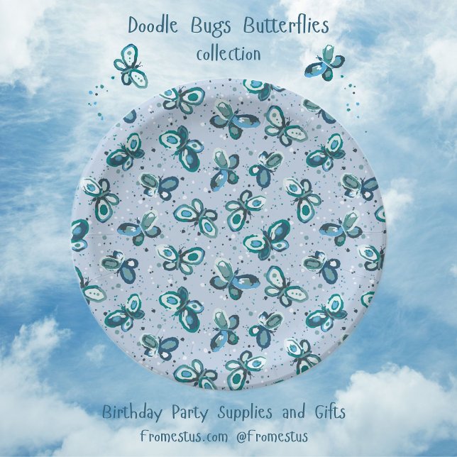 Prato De Papel Borboletas Doodle Bugs - azul - padrão contínuo. (Criador carregado)