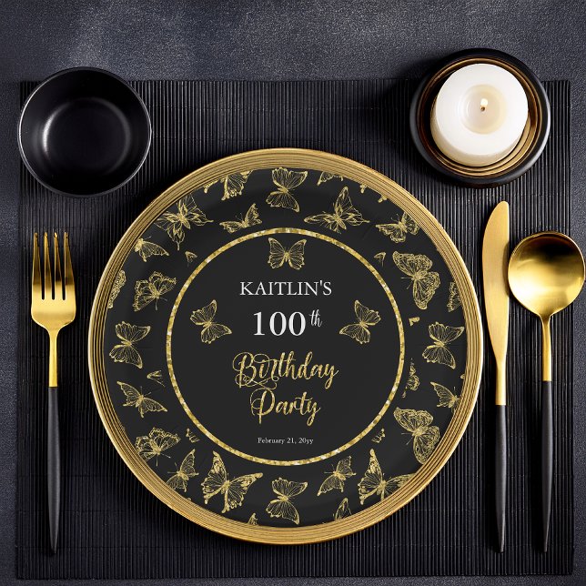 Prato De Papel Borboletas Douradas Elegantes Pretas 100 Festas de (Elegant Black and Faux Gold Glitter Butterflies 100th Birthday Party Flat Paper Plates)