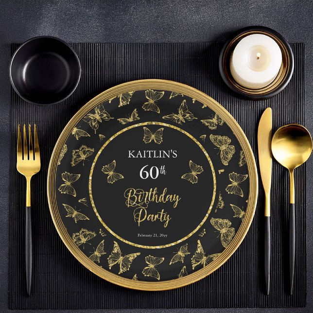 Prato De Papel Borboletas Douradas Elegantes Pretas 60ª Festa de  (Elegant Black and Faux Gold Glitter Butterflies 60th Birthday Party Flat Paper Plates)