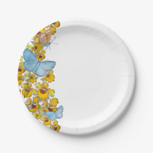 Prato De Papel Borboletas e Flores Pastel Azul e Amarelo