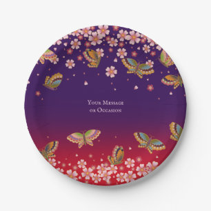 Prato De Papel Borboletas e Sakura Flores Púrpura Personalizadas