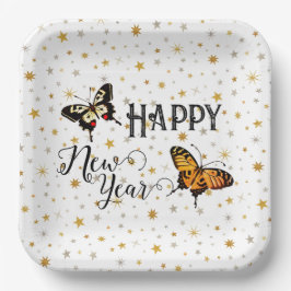 Prato De Papel Borboletas Elegante e estrelas Feliz ano novo bran