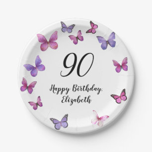 Prato De Papel Borboletas Elegantes para 90º Aniversário com Nome