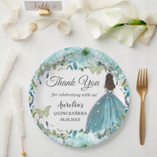 Prato De Papel Borboletas Florais Azuis Turquesa Princesa Dourada