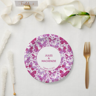 Prato De Papel Borboletas Moderna Aquarela Magenta Casamento Rosa