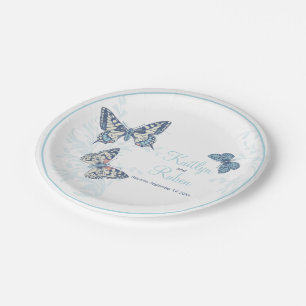 Prato De Papel Borboletas pintadas céu azul coral branco casamen