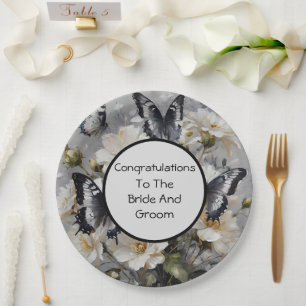 Prato De Papel Borboletas Pretas E Brancas Em Flores Brancas,