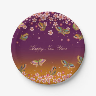 Prato De Papel Borboletas Sakura Flores Douradas Plum Personaliza