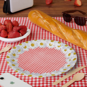 Prato De Papel Borda Branca De Margarida Em Gingham