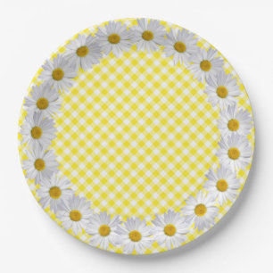 Prato De Papel Borda Branca De Margarida Em Gingham