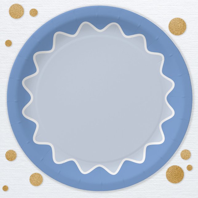 Prato De Papel Borda da curva ondulada retroativa azul (Retro modern blue wavy curve border party paper plates)