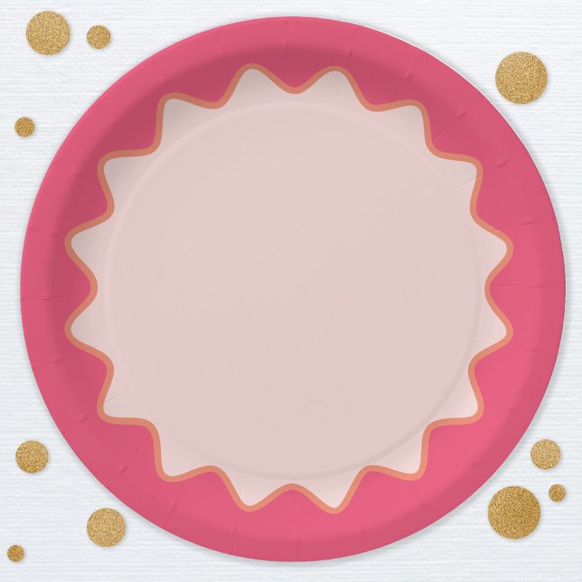 Prato De Papel Borda da curva ondulada retrorreflectora Esmagando (Retro modern pink wavy curve border paper plates)