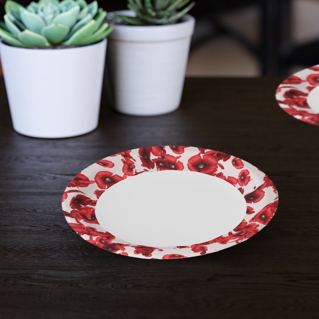 Prato De Papel Borda das Flores Vermelhas (Perfect poppy paper plates for your picnics in the park or poppy parties. )