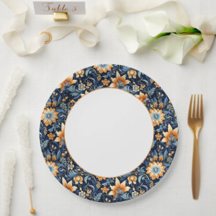Prato De Papel Borda Floral Azul Escuro