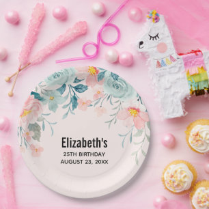 Prato De Papel Borda Floral Rosa e Verde - Aniversário