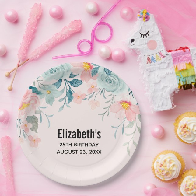 Prato De Papel Borda Floral Rosa e Verde - Aniversário (Festa)