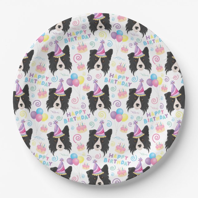 Prato De Papel Border Collie Birthday Party Paper Plates White (Frente)